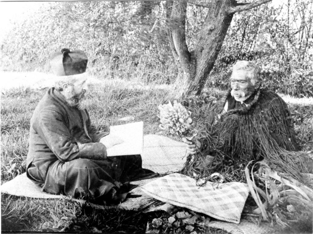 Father Pierre Le Pretre of the Society of Mary was ordained a priest at Lyon, France, in 1884, and came to New Zealand in the same year. He was first stationed at Jerusalem near Whanganui, where he learned te reo Māori, and was later in charge of the Hawke’s Bay and Wairarapa Māori districts. He built the Māori church at Te Ore Ore, near Masterton, and came to Wairoa as its first resident parish priest in 1894. With Le Pretre is Mr Morrell (or Morera), the son of a French whaler and Erihapeti Kino. Morrell had earlier been baptised by Bishop Pompallier. This photograph was taken at Wairoa, probably around the beginning of the 20th century. Photo: Society of Mary – Marist Archives PSC 1971. [Morera is a tupuna (ancestor) the of current St Joseph’s School principal, Leonie McEwan.]