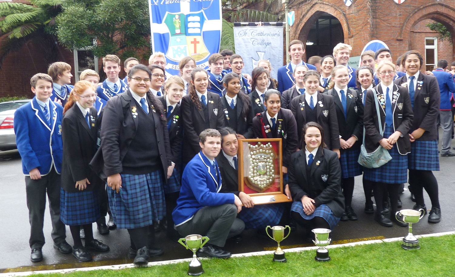 Students from St Patrick's and St Catherine's colleges Kilbirnie jubilant in winning the O'Shea Shield in a hard-fought competition with all colleges in Wellington and Palmerston North dioceses.