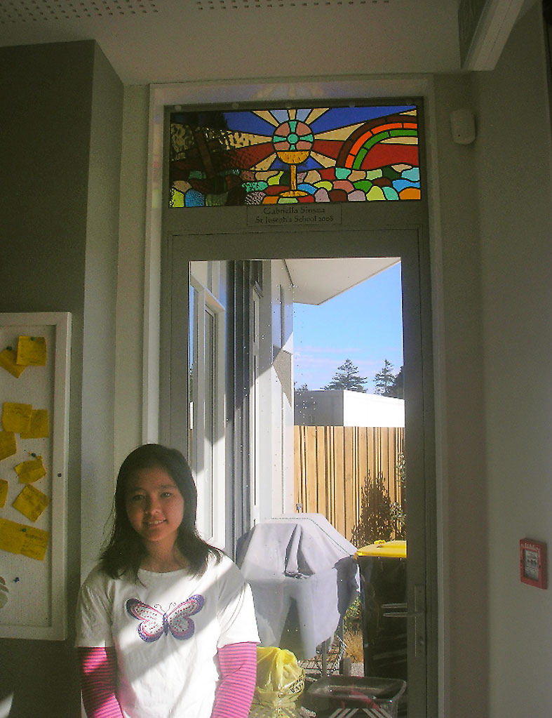 Gabriella Sinsua, with her winning stained glass design at St Brigid’s,Feilding.