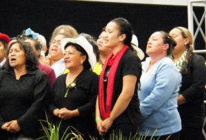 A sign of Kotahitanga and a Hui Aranga highlight: during Sunday Mass all choir members sang 'Me au koe noho ai' (Abide with Me), led by this year's winning conductor,St Peter Chanel's Marvin Simon.