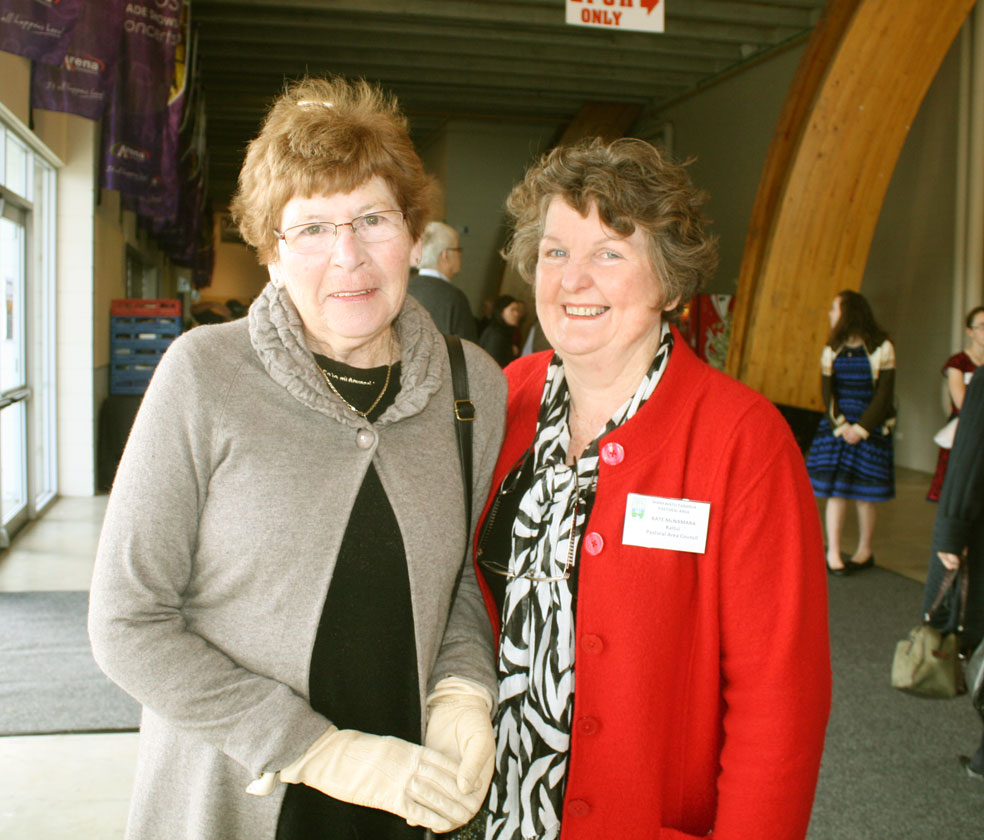 Organiser Kate MacNamara, right, of Our Lady of Lourdes Parish with Colleen Crooks of St Marys at the Pascal St Stadium where the Mass was held.