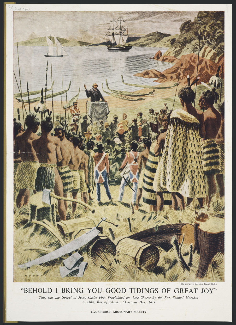 A print of Samuel Marsden's first Christmas sermon in New Zealand 200 years ago. Used by kind permission of the painter Russell Clark's widow, Rosalie Archer. http://en.wikipedia.org/wiki/File:Samuel_marsden.jpg