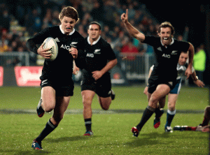 College lads are a tight bunch. It is amazing to see how excited Conrad is to watch Beauden score a test try against the French in Christchurch, 2013 – ‘College!’ Photo: Reuters/Anthony Phelps.