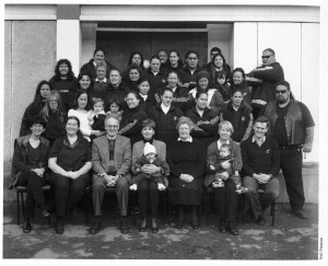 Photo, pg 318: The entire He Huarahi Tamariki School on a cold winter’s morning in 1998. Sr Marcellin is 3rd from right in front row.