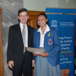 St Joseph’s Māori Girls’ College student Joanne Pohe, winner of the Paul Seideman Essay Competition for her essay ‘Children of the Holocaust’, with Attorney-General and Minister for Treaty Negotiations Chris Finlayson, at the Parliamentary reception when she received her prize. Photo: Woolf Photography