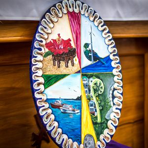 Painting by Felicity Ann Nettles of St Bernard’s Brooklyn, expresses four communities as one parish under the future patronage of Suzanne Aubert. Photos: Adri Widyanto and Brian Suhada