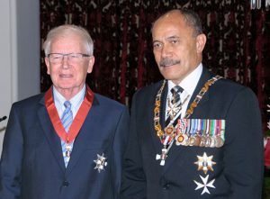 Br Sir Pat Lynch KNZM, QSO, at his investiture with Governor General Sir Jerry Mateparae GNZM, QSO.  Photo: Woolf Photography