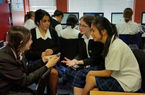 St Catherine’s College students share stories and concerns about the environment. From left: year 12 students, Lara Najim, Aurshenna David, Jessica Hanlon, Erika Sison. 