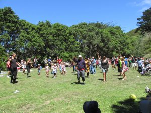 Parishioners picnicking the old-fashioned way at Home of Compassion Grounds, Island Bay.