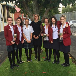Sacred Heart Girls College New Plymouth winners are (l-r) Eugénie Chylek-Peters (Junior Speech); Pennymay Symonds, Frances Chow, Paula Wells (Principal), Janaya Horgan and Hannah Coleman (Religious Questions), Margaret Wells (Scripture Reading). 