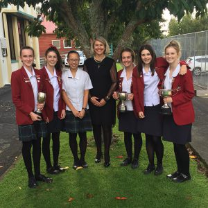 Sacred Heart Girls College New Plymouth winners are (l-r) Eugénie Chylek-Peters (Junior Speech); Pennymay Symonds, Frances Chow, Paula Wells (Principal), Janaya Horgan and Hannah Coleman (Religious Questions), Margaret Wells (Scripture Reading).