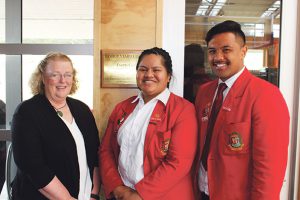 Principal Rose Sawaya with Head Girl Laumua Laufaleo and Head Boy Dorian Tato.