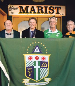 Palmerston North Marist Old Boys (from left) Peter Richards, Paul O’Brien, Mike Keenan and Ted Dawick, at the entrance of the Marist Sports Club building for the inaugural Palmerston North meeting of The Marist Brothers Champagnat Trust, 14 April this year. 