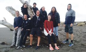 Palmerston North and Wellington pilgrims on their way to World Youth Day from the Kapiti Coast. Back (l-r): Eilis Byrne, Ciaran Byrne, Alivia Bowe, Joanna Viernes, Finbarr Reynolds. Front (l-r): David Hobbs, Oliver Sanderson, Thomas Dravitzki , Monique Barrow.  Photo: Finbarr Reynolds