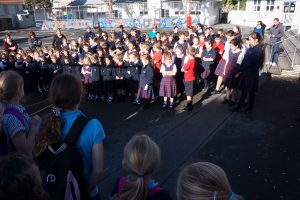 St Anthony’s students at Seatoun welcome St Antonio’s students, visiting from across the water, with a pōwhiri.