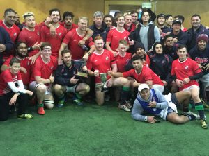 The Marist St Pats Premier team celebrating after winning the 2016 Andy Leslie Trophy.