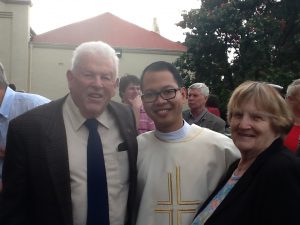 Deacon Cirilo Barlis with members of his St Benedict’s Church community ‘family’, Diane and Eugene Crosby. Photo: Eugene Crosby 