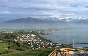 Kaikōura township covered with dust cloud the day after the earthquake.