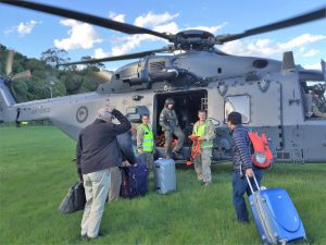 Evacuees boarding NZ Defence helicopter to fly out. Photo: Ray Byrne