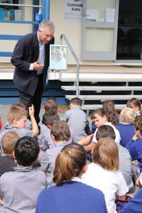 Cardinal John brings the greetings and prayers of Pope Francis to students and staff of  St Joseph’s school, Kaikōura. Photo: Julianne Hickey, Caritas Aotearoa NZ.