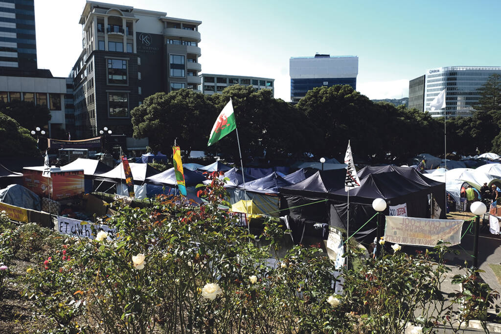 Anti-mandate protesters encamped all around parliament grounds and beyond and blockaded streets with vehicles, during the three-week protest. Photo: WelCom